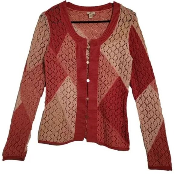J. Jill Linen Blend Cardigan Cotton Patchwork Open-Knit Sweater XS - Picture 2 of 8